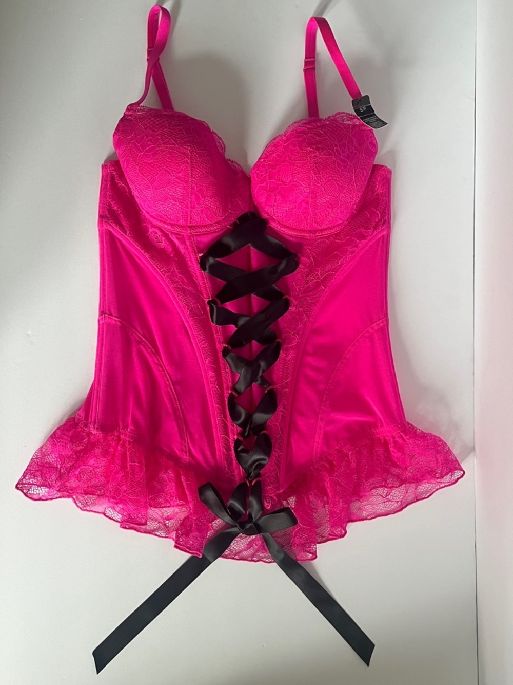 La Senza Hot Pink Lace Corset with Black Ribbon Size Small NWT